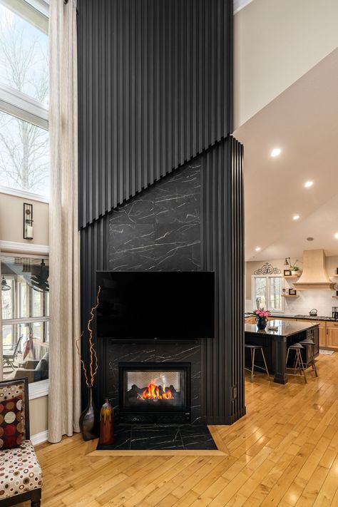 Tiled Fireplace With Wood Mantle, Tile Inside Fireplace, Slat Wall Fireplace, Wood Slat Fireplace, Slat Fireplace, Wood Slat Fireplace Wall, Black Fireplace Wall, Fire Mantle, Double Fireplace