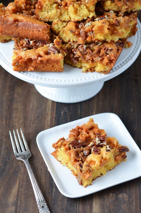 Hornet's Nest Cake - It’s a package of pudding, some milk and a box of yellow cake mix. Then you toss on some pecans and a whole bag of butterscotch chips. I gotta admit — it’s pretty dang good. Nest Cake, Swirl Muffins, The Novice Chef, Cake Mix Cookie Bars, Novice Chef, Gooey Cake, Almond Pastry, Butterscotch Cake, Hornets Nest