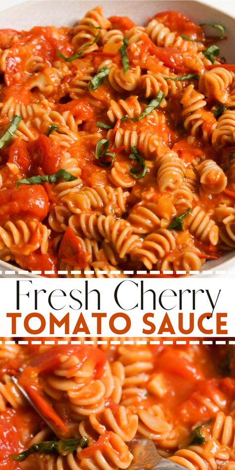 Looking for a taste of summer you can enjoy all year round? You need to try my easy Cherry Tomato Sauce recipe. Simply made in less than 30 minutes with just 7 ingredients (including salt & pepper), this delectable pasta sauce is certain to become a family favorite. Cherry Tomatoes Recipes Pasta, Easy Tomato Pasta Sauce, Cherry Sauce Recipe, Cherry Tomato Pasta Sauce, Quick Pasta Sauce, Pasta Sauce Recipes Tomato, Tomato Basil Pasta Sauce, Basil Pasta Sauce, Tomato Pasta Recipe