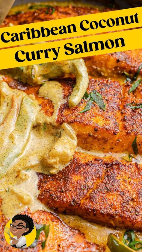 Fish In Curry Sauce, Fish And Sauce Recipes, Coconut Rice Salmon, Jamaican Coconut Curry Fish, Coconut Curry Baked Cod, Salmon Dinner Meals, Recipes For 30 People, Curry Salmon Jamaican, Cuban Salmon Recipes