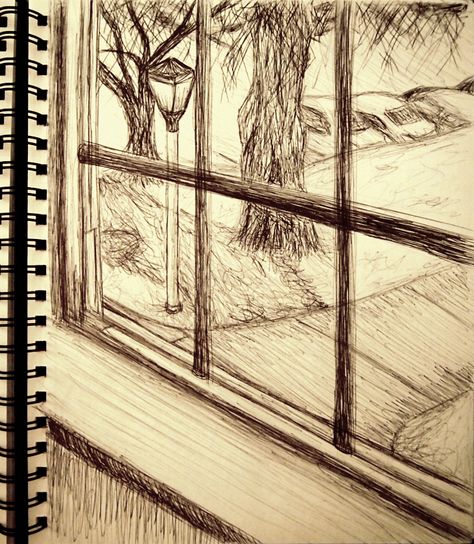 Day 15: Drawing of the view outside my dorm window. Medium: Black Ball Point Pen Person Looking Out Window Drawing, View From A Window Drawing, Window View Sketch, Window Drawing Sketch, Open Window Drawing, Window View Drawing, Window Illustration Drawing, Window Drawing Ideas, Dorm Window