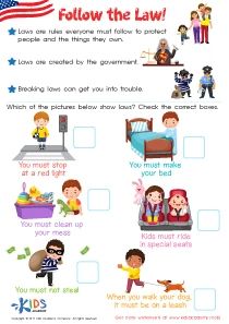 Follow the Law Worksheet: Free Printout for Kids Rules And Laws Kindergarten, Rules And Laws 2nd Grade, First Grade Rules, Kindergarten Rules, Opinion Paragraph, Worksheets For 2nd Grade, Kindergarten Pictures, Counting Practice, Rules And Laws