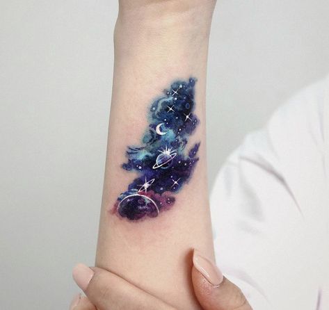 Unique Galaxy Tattoos, Colorful Universe Tattoo, Planet And Galaxy Tattoo, Galaxy Cloud Tattoo, Galaxy Neck Tattoo, Space Tattoo Cover Up, Watercolor Celestial Tattoo, Galaxy Tattoos For Women, Glaxay Tattoos