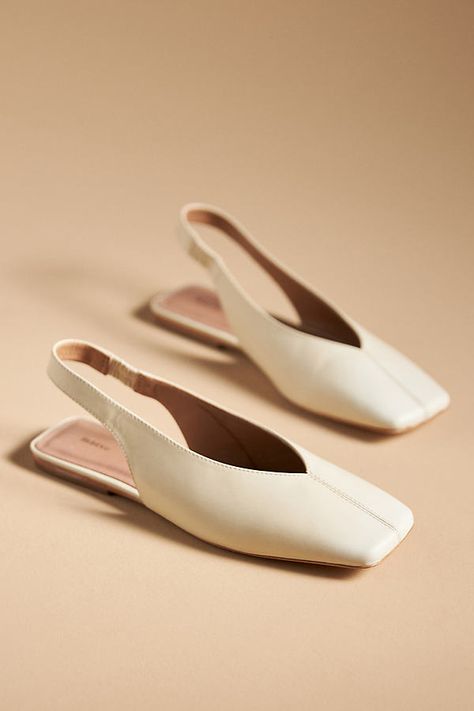 Leather upper, insole Rubber sole Slip-on styling Imported | Square-Toe Slingback Flats by Maeve in White, Women's, Size: 38, Leather/Rubber at Anthropologie Fancy Flats For Women, Casual Wedding Shoes, Neutral Flats, Fancy Flats, Square Toe Shoes, Wedding Flats, Slingback Flats, White Flats, Crazy Shoes