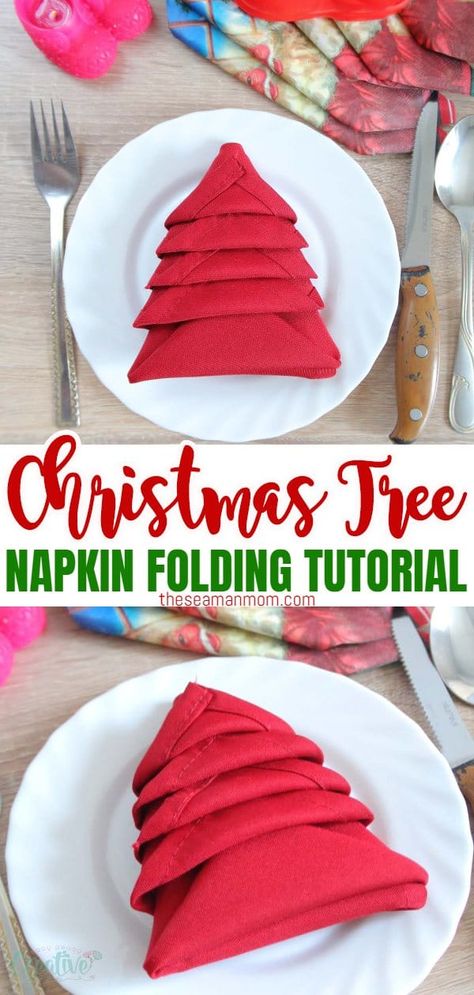 Napkin Christmas Tree, Knives Out House, Napkin Christmas, Knives Chau, Napkin Folding Tutorial, Christmas Tree Napkin, Christmas Napkin Folding, Easy Napkin Folding, Christmas Napkin