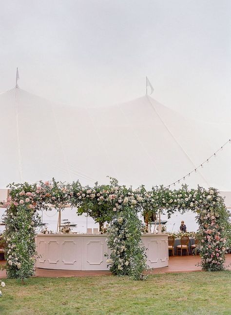 From watercolor wedding crests to latticework panels, we're giving these creative wedding bar ideas top marks for their equal parts confidence, beauty and function! Elegant Tent Wedding, Outdoor Wedding Tent, Crane Estate, Tent Decor, Farm Estate, Tented Wedding, Private Estate Wedding, Tent Decorations, Jekyll Island