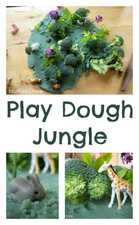 Jungle small world :: play dough fun On offer today we had some homemade green play dough, some leaves and flowers picked from the garden, and a few stalks of broccoli. What could we make? Jungle Small World, Babyroom Girl, Preschool Jungle, Jungle Activities, Jungle Thema, Dear Zoo, Tuff Spot, Eyfs Activities, Nursery Activities