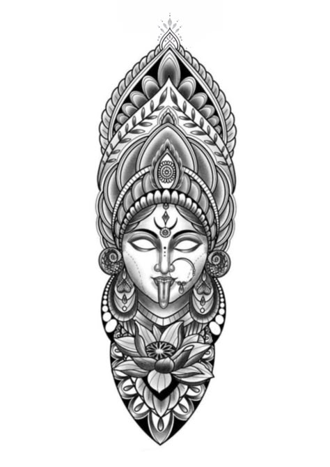 Hindu Pattern Design, Devi Tattoo Design, Kali Mata Tattoo Designs, Indian Mythology Tattoo, Bhairav Tattoo Design, Kali Back Tattoo, Kali Mata Tattoo, Kali Maa Tattoo, Gods Tattoo Designs