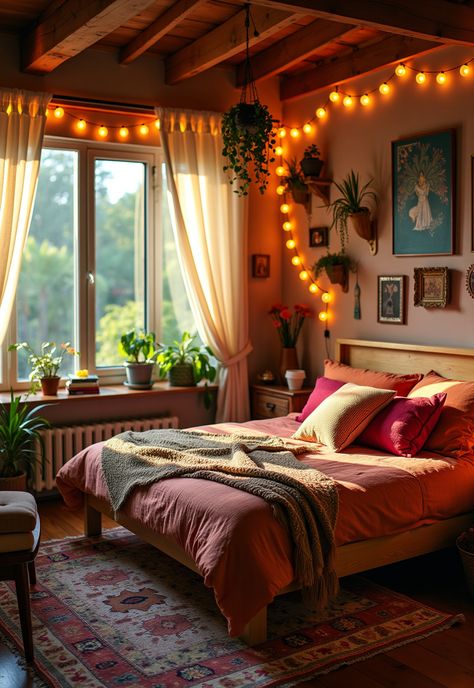 Boho Bedroom with Curtain Lights Bedroom Curtain Lights, Indoor Hanging Lights, Boho Eclectic Bedroom, String Lights Bedroom, Textured Fabrics, Warm Bedroom, Bedroom Curtain, Eclectic Bedroom, Sparkling Lights