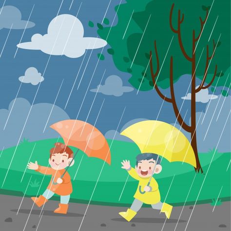 Kids play in rainy day vector illustrati... | Premium Vector #Freepik #vector #background #tree #school #water Rainy Kids, Toddler Illustration, Dora Pictures, Rainy Day Images, Rain Cartoon, Picture Story For Kids, Rainy Day Pictures, Rainy Day Photos, Rainy Day Activities For Kids