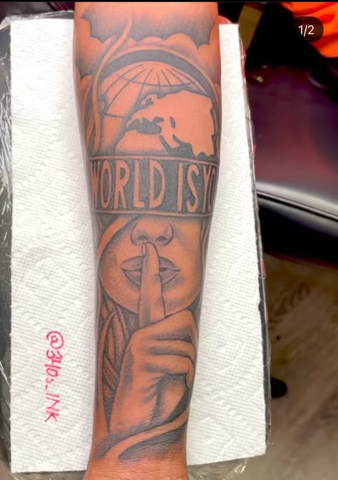 Tattoo Ideas Arm Woman, Road To Riches Tattoo, Inner Forearm Tattoo Men, The World Is Yours Tattoo, Calf Sleeve Tattoo, Black People Tattoos, Arm Tattoos Black, Arm Tattoos For Guys Forearm, Tattoos Forearm