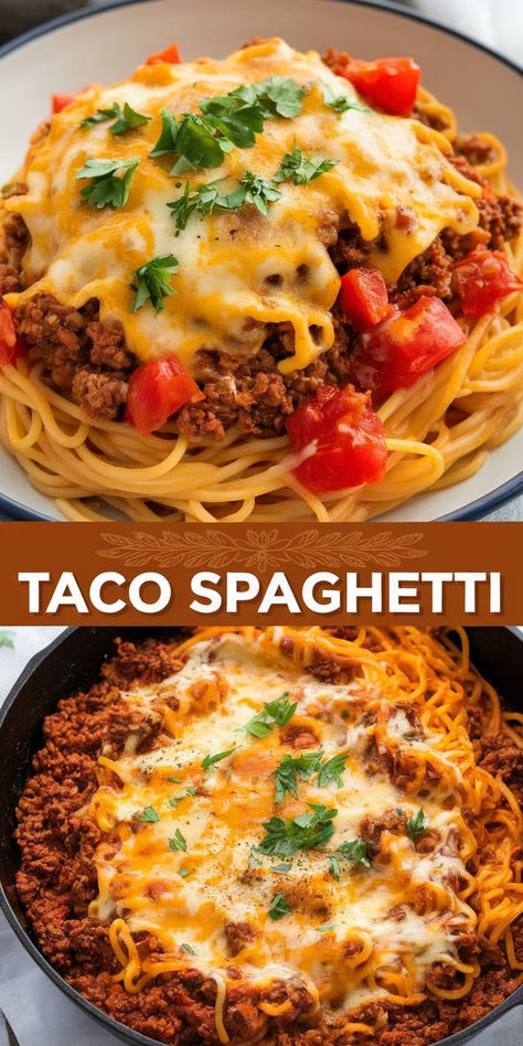 Cheesy Taco Spaghetti – This creamy, cheesy Taco Spaghetti brings together taco night and pasta night in one comforting dish. A flavorful and satisfying meal the whole family will love! Spaghetti Noodles Recipes, Mexican Spaghetti, Classic Italian Pasta, Spaghetti Recipes Easy, Taco Spaghetti, Spaghetti Sauce Recipe, Food Fusion, Taco Pasta, Pasta Night