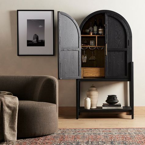 Dining Room | Tolle Bar Cabinet-Drifted Oak Solid Black Bar Cabinet, Solid Wood Armoire, Cast Iron Beds, Wood Armoire, Reclaimed Doors, Iron Bed, Four Hands, Bar Cabinet, Oak Finish