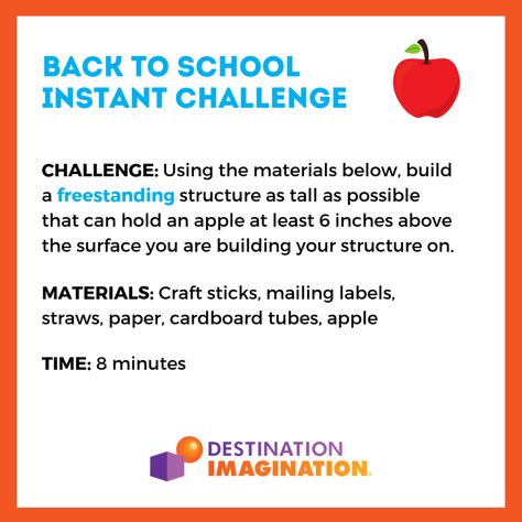 Back to School STEAM Challenge - Destination Imagination Destination Imagination Challenges, Destination Imagination Instant Challenges, Baby Moon Destinations, Destination Wedding Dress Beach, Destination Wedding Bridesmaid Dresses, Daisy Activities, Makerspace Activities, Us Honeymoon Destinations, Destination Wedding Itinerary