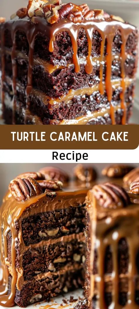 Turtle Caramel Cake Turtle Bundt Cake, Desert Hacks, Turtle Cake Recipe, Caramel Cake Recipe, American Foods, Cakes Chocolate, Turtle Cake, Caramel Bits, Cake Hacks