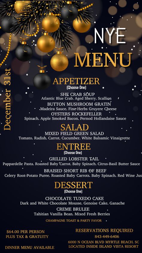 Menu For New Years Eve Party, New Years Party Menu Ideas, African American New Years Dinner, New Year's Eve Dinner Ideas, New Year’s Eve Menu Ideas, New Year’s Eve Dinner, New Years Menu Ideas, Supper Club Menu Ideas, Nye Theme Party Ideas