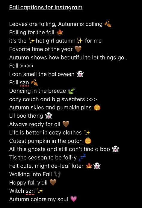 A set of instagram captions you can use for the pictures you post during fall season. Phone Fonts, Fall Insta Captions, Fall Captions, Prompts For Writing, Sassy Captions, Captions Aesthetic, Captions Sassy, Baddie Captions, Sweet Captions