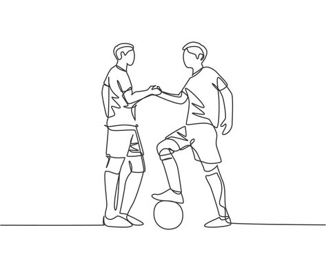 Continuous line drawing of two football player and handshaking to show sportsmanship before starting the match. Respect in soccer sport concept. One line drawing vector illustration Soccer Embroidery, Kids Playing Football, Football Lines, Procreate Pattern, Football Player Drawing, Football Tattoo, Ma Tattoo, Football Drawing, Dibujo Simple