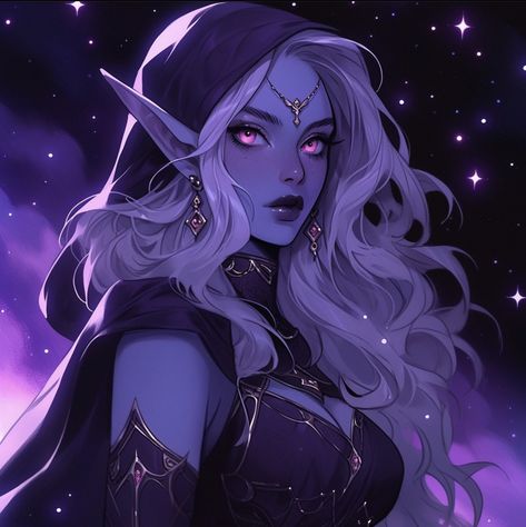 Tiefling Female Purple Skin, Drow Monk Dnd, Drow Sorcerer Female, Moon Elf Rogue, Dnd Drow Character Design, Female Drow Dnd, Astral Elf Female Dnd, Moon Elf Female Dnd, Dnd Drow Female