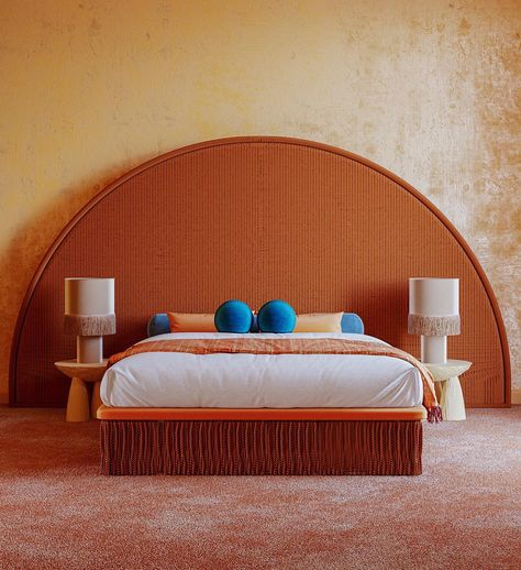 Orange Headboard, Orange Interiors, Orange Building, Orange Bed, Orange Bedroom Decor, Bedroom Color Combination, Orange Bedroom, Hotel Room Design, Bedroom Orange