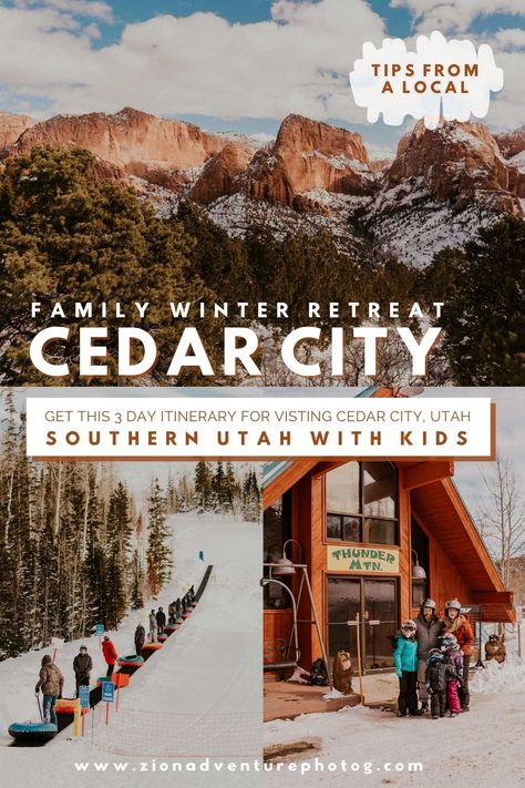 Plan the perfect family weekend getaway in Cedar City during the winter season, filled with exciting things to do, kid-friendly activities, and scenic hikes, all included in our comprehensive itinerary | Click for our FREE Zion 101 guide Outdoor Adventure Photography, Weekend Family Getaways, Cedar City Utah, Kanab Utah, Utah Vacation, Winter Retreat, Winter Weekend, Snow Tubing, Cedar City