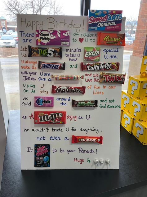 Candy Birthday Poster For Friend, Candy Birthday Board Ideas, Candy Grams Poster, Candy Bar Message Board, 18th Birthday Candy Bar Poster, Poster Board Birthday Card, Candy Birthday Board, 18th Birthday Candy Poster, Candy Birthday Cards For Friends