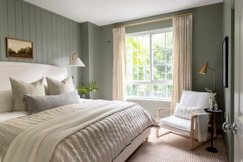 Sherwin Williams Evergreen Fog [The Best Green Paint Color] - Light Green Guest Bedroom, Bedroom With Light Green Walls, Sage Green And Light Blue Bedroom, Sage Guest Bedroom, Clary Sage Bedroom, October Mist Bedroom, Green Master Bed, Cottage Bedroom Colors, Green Cottage Bedroom