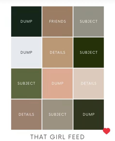 Olive Green Instagram Feed, Green Beige Instagram Feed, Color Schemes Instagram Feed, Instagram Feed Color Palette, Instagram Feed Layout Aesthetic, Instagram Color Scheme Feed, Instagram Theme Ideas Color Schemes, Instagram Color Scheme, Instagram Feed Organizer