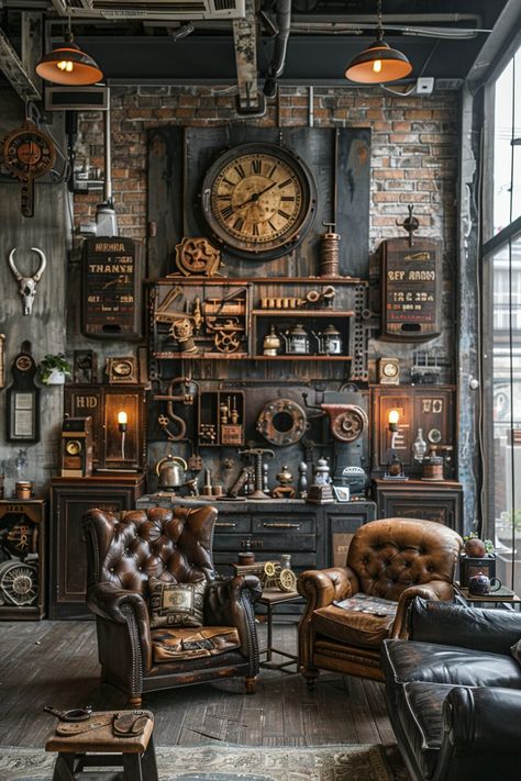 29 Industrial Living Room Ideas for Powerful Interiors - My Elegant Home Cosy Industrial Living Room, House Aesthetic Pictures, Industrial Boutique, Industrial Living Room Ideas, Steampunk Bar, Salvaged Wood Furniture, Steampunk Interior, Modern And Rustic Decor, Industrial Crafts