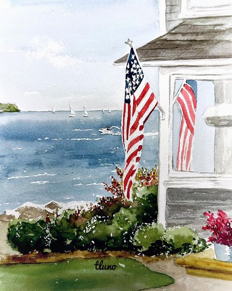 As we observe Memorial Day today, I wanted to share these two watercolor paintings I recreated. The first composition is originally by the talented Robin Roberts, and the second is a tribute to Stevan Dohanos, a renowned mid-century illustrator. 🇺🇸🎨 Memorial Day is a time to honor and remember the brave men and women who made the ultimate sacrifice for our freedom. As you spend time with your loved ones today, let’s reflect on the courage and dedication of those who served our country. Their... 4th Of July Watercolor, Flag On Front Porch, Fourth Of July Painting, Summertime Illustration, Patriotic Paintings, Gallery Wall Themes, Patriotic Art Ideas, Usa Watercolor, New England Art