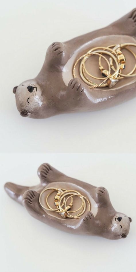 Otter Ring Holder, Otter Clay Dish, Cute Ring Holders Clay, Pottery Painting Jewelry Holder, Air Clay Ring Holder, Ring Clay Holder, Clay For Jewelry Holder, Ceramic Art Jewelry Holder, Air Dry Clay Ring Holder Diy