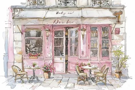 ↑↑↑ Larger size on website 🔸 The watercolor painting depicts a charming Parisian storefront with a pink facade and a white awning 🔸 From Midjourney AI Image Paris Drawing, Parisian Art, Pink Posters, Found Art, Paris Art, Photo Wall Collage, Hippie Art, Cute Little Drawings, Girly Art