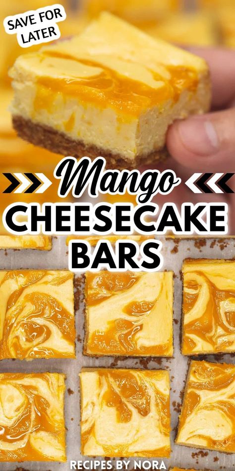 Our Mango Cheesecake Bars are luscious, creamy, and so easy to make! The refreshing tropical flavor makes them a perfect spring or summer dessert! A crisp graham crackers crust is filled with a smooth and creamy mango cheesecake which is then swirled with mango purée. It’s a beautiful dessert that you can bake up in about an hour. This sunny cheesecake is a perfect Mother’s Day recipe or Memorial Day treat. Pie, Thermomix, Mango Cheesecake Bars, Cooked Mango Recipes, Fruity Baked Goods, Beautiful Summer Desserts, Easy Mango Cheesecake, Mango Parfait Desserts, Dried Mango Recipe Desserts