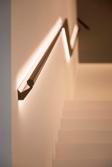 LED Lighting Above And Below The Handrail Illuminates These Stairs Staircase Handrail Lighting, Wall Handrail Design, Stairs With Led Lights, Stair Lights Indoor, Stairs Light, Handrail Lighting, Stairs Lighting, Wall Mounted Handrail, Led Stair Lights