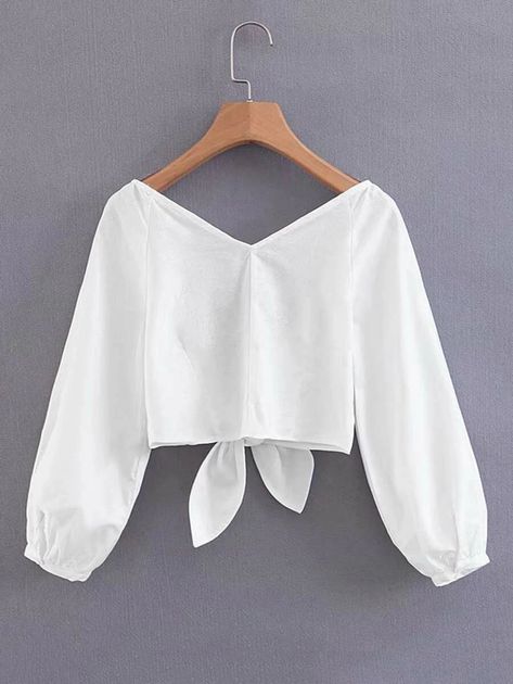 Tie Back Solid Crop Top | SHEIN Solid Crop Top, Latest Crop Tops, Blouse Tops Designs, Cotton Blouse Design, Simple Kurta Designs, Crop Top Designs, Stitching Dresses, Girls Crop Tops, Top Shein