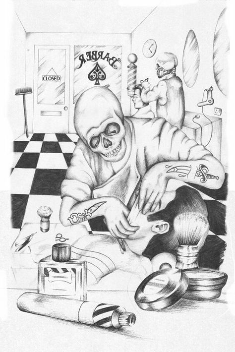 This just popped up on my timeline on Facebook. A drawing for a tattoo design I did 3 years ago at the very start of my Apprenticeship... Ha!  I loved designing this! #tattoo #tattoodesign #turnbacktime #repost #ink #inked #tattooapprentice #tattooartist #skull #barber #barbertattoo #50s #barbershop #drawing #art #artist Barber Drawing, Barber Tattoo, A Tattoo Design, Chicano Style, Chicano Tattoo, Wallpaper Ios, Chicano Drawings, Iconic Art, Iphone Wallpaper Ios