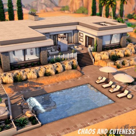 A modern home in the desert featuring a large pool with lounge area, hot tub and outdoor seating area with fireplace. Sims Oasis House, Sims 4 Modern Desert House, The Sims 4 Desert House, Sims 4 Desert Mansion, Vacation House Sims 4, Pool Ideas Sims 4, Sims Pool Ideas, The Sims 4 Pool Ideas, Sims 4 Swimming Pool