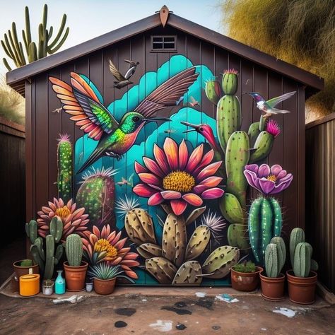 Outdoor Patio Art Wall Decor Diy, Cactus Mural Outdoor, Wall Murals Painted Outdoor Fence, Mexican Wall Murals Painted, Outdoor Wall Murals Backyards Flower, Backyard Mural Ideas Garden, Garden Murals Ideas Wall Art Backyard, Kitchen Mural Ideas Paintings, Garden Fence Mural