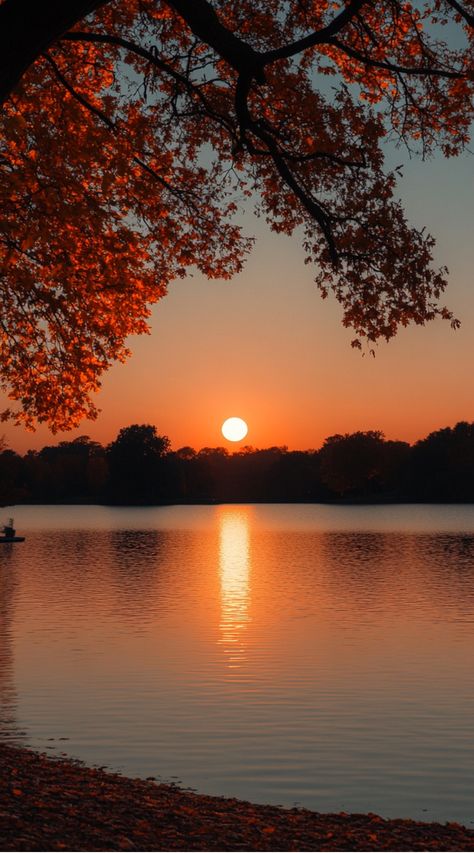 Sunset over a calm lake with autumn leaves framing the view. Scenic Iphone Wallpaper, Fall Wallpaper For Android, Fall Sunset Aesthetic, Fall Sunset Wallpaper, Depth Wallpaper Iphone, Fall Screensavers Wallpapers, Cute Fall Wallpaper Iphone, Pretty Wallpapers Backgrounds Nature, Elegant Phone Wallpaper