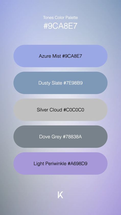 Tones Color Palette Azure Mist #9CA8E7 · Dusty Slate #7E98B9 · Silver Cloud #C0C0C0 · Dove Grey #78838A · Light Periwinkle #A698D9 Light Periwinkle, Serenity Blue, Hex Color Palette, Silver Cloud, Hex Colors, Dove Grey, The Quiet, Summer Evening, Unique Colors