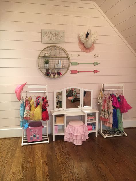 Playroom Dressup Corner, Playroom With Dress Up Area, Dress Up Area Girls Room, Dress Up Playroom, Girls Dress Up Area, Princess Dress Up Corner, Playroom Dress Up Area, Dress Up Play Area, Kids Dress Up Area