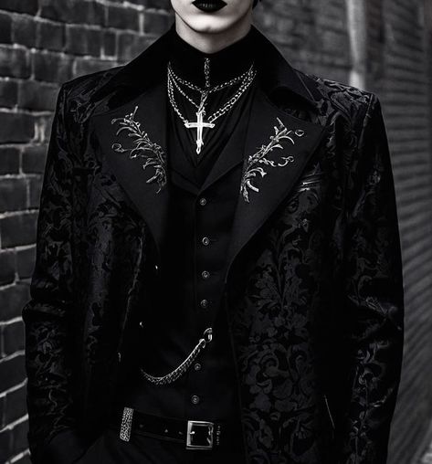 Emo Wedding Suit, Goth Wedding Suits Men, Victorian Vampire Outfit Male, Vampire Core Outfits Male, Black Suit With Red Accents, Goth Suit Men, Victorian Goth Men, Prince Core, Fictional Clothes