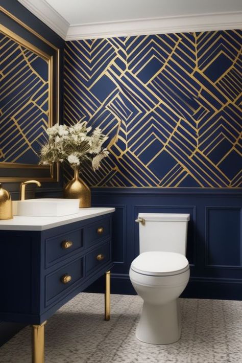 Colourful Toilet Design, Funky Half Bathroom Ideas, Blue Gold Bathroom, Navy Blue Powder Room, Ideas Under Staircase, Half Bath Design Ideas, Pebble Garden Ideas, Monochromatic Rooms, Harlem Brownstone