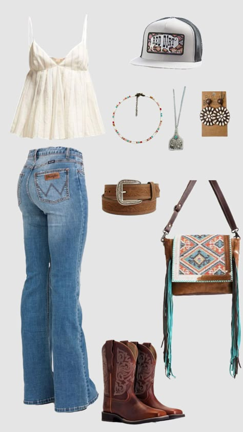 Womens Rodeo Outfits Fashion, Cute Western Concert Outfits, Western Outfits With Boots, Country Concert Outfit With Jeans, Summer Southern Outfits, Basic Country Outfits, Western Summer Fits, Punchy Summer Outfits, Fancy Country Outfits