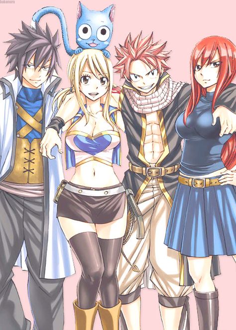 erza natsu gray happy and lucy Nalu Fairy Tail, Fairy Tail Family, Arte Ninja, Fairy Tail Pictures, Accel World, Gray Fullbuster, Fairy Tail Love, Anime Fairy Tail, Fairy Tail Nalu