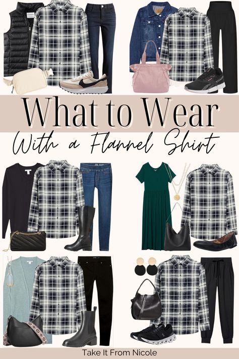 Casual Flannel Outfits Winter, Outfit Ideas Plaid Shirt Flannels, How To Style Black And White Flannel, Brown Flannel Outfit Women, Black White Flannel Outfit, Buffalo Plaid Shirt Outfit Women, Plaid Outfits For Women Flannels, Women Flannel Shirt Outfits, How To Dress Up A Flannel Shirt