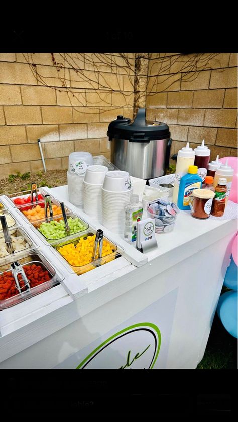 Elotero Man Cart, Elote Stand Party, Elote Party Station, Elote Cart Ideas, Snack Cart Business, Esquite Bar Party, Diy Snack Cart For Parties, Snack Bar Business Ideas, Snack Cart Ideas For Party