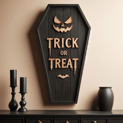 Introducing our die-cut wooden signs crafted with intricate gothic or spooky elements, available in various sizes to suit different spaces and preferences.  Available in a range of dimensions--from smaller sizes perfect for adding a touch of mystery to a bookshelf or mantelpiece, to larger sizes that command attention when hung on a wall. Whether used as part of seasonal décor or as a year-round homage to the macabre, these die-cut wood signs are designed to evoke a sense of spookiness wherever they are placed. Each sign is a testament to craftsmanship, creativity, and the allure of the darker aesthetic. Made of oxidation-resistant density board, they are a great durable choice for home decor. Due to different measurement methods, errors within 1-3 cm are normal. Gothic Woodwork, Gothic Signs, Coffin Halloween Decor, Halloween Signs Wooden, Halloween Boards, Wood Halloween Decorations, Wooden Halloween Decorations, Macabre Decor, Trick Or Treat Sign