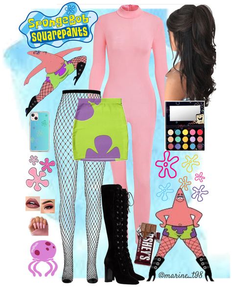 Patrick Starfish Costume, Patrick Star Inspired Outfits, Spongebob Patrick Halloween Costumes, Patrick Star Fishnet, Patrick Star Costume Women, Diy Patrick Star Costume, Spongebob Theme Party Outfit, Patrick Star Halloween Costume, Spongebob Outfit Ideas