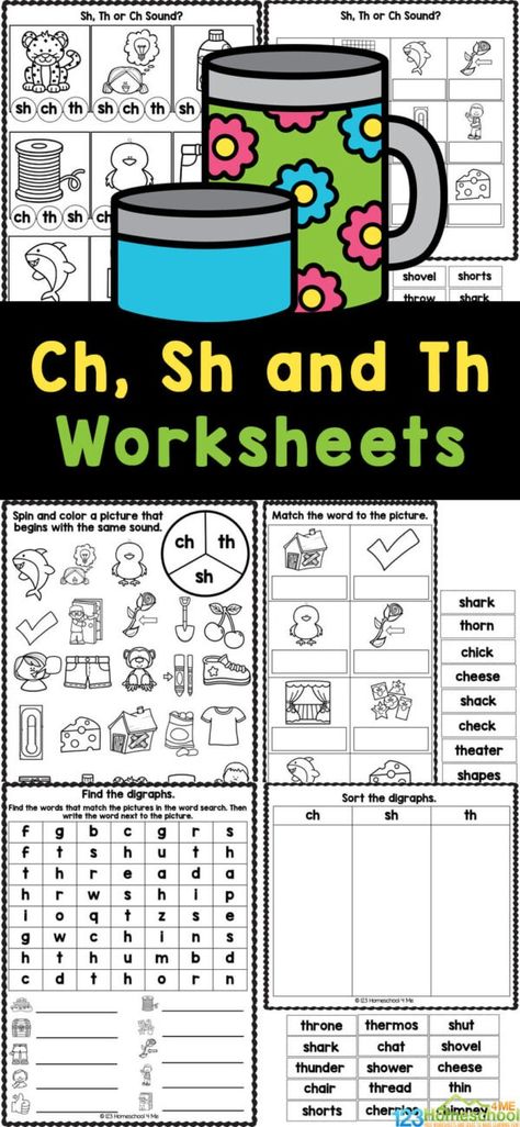 Helping children learn Ch, Sh, Th sounds through free phonics worksheets will help students read and spell. These ch, sh, and th worksheets are a simple, easy way to work on this consonant digraph with kindergarten, first grade, and 2nd graders too. Simply print the free printable ch sh th worksheet pages and you are ready to practice! Digraph Lessons First Grade, Th Worksheets Digraph, Th Worksheet, Wh Worksheets, Ch Digraph, Free Phonics Worksheets, Ch Words, Ch Sound, Digraphs Worksheets